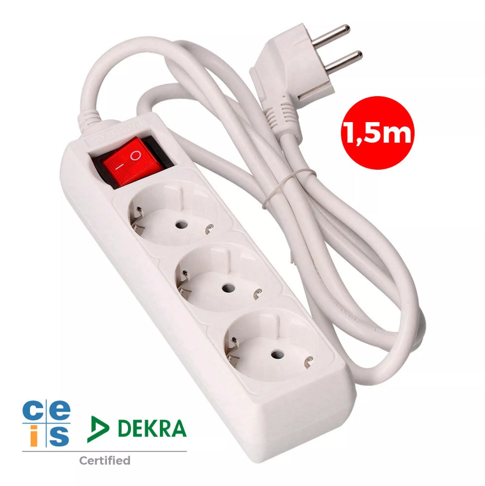 Extensão Multípla 3x Schuko c/ Interruptor Iluminado - 1.5m Branca