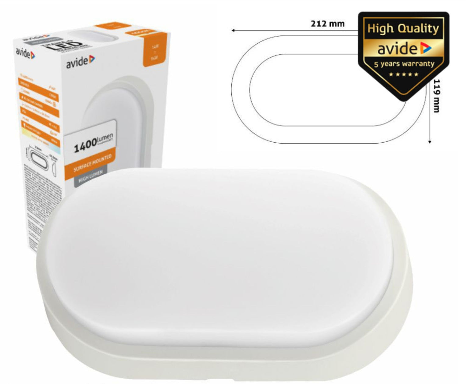 Painel LED Oval Aplique 14W 212mm 4000K 1400lm IP54 AVIDE