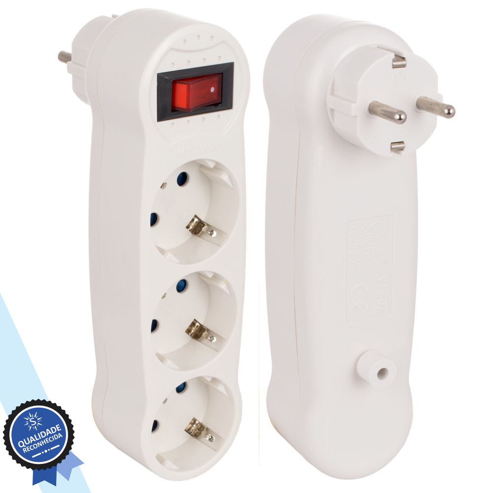 Ficha Tripla Adaptadora 3x Schuko c/ Interruptor - Solera
